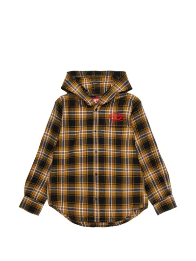 Diesel Kids' Check-print Hooded Shirt In Brown