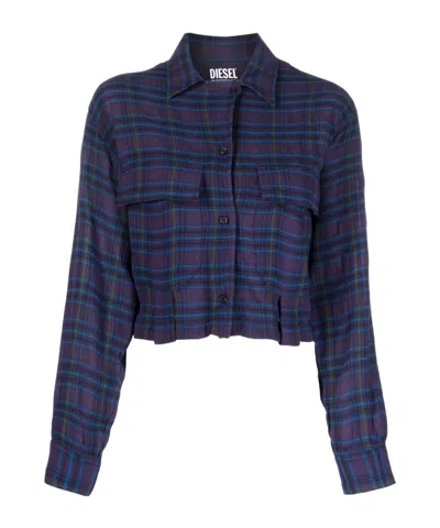 Diesel Check-print Wool-blend Cropped Shirt In Blue