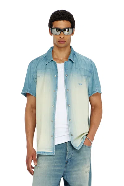 Diesel Short-sleeve Shirt In Fluid Overdyed Denim In Blue