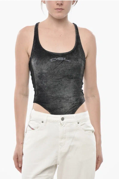 Diesel Chenille Racerback Bodysuit T-vately With Faded Effect And R In Black