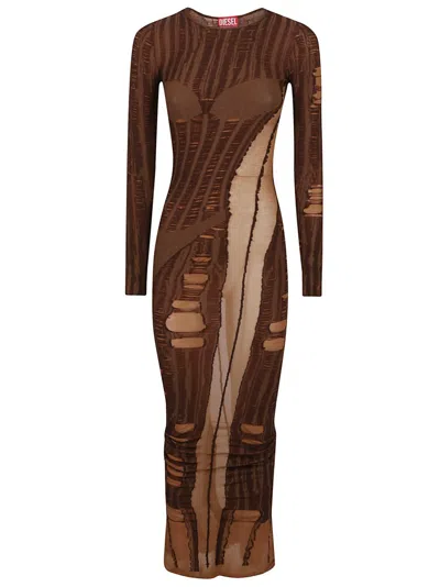 Diesel Chocolate Brown Dress With Semi-sheer Panels In Multicolor