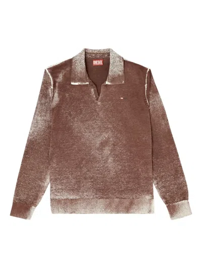 Diesel Polo Jumper With Faded Reverse Print In Brown