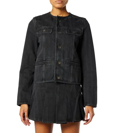 Diesel Collarless Jacket In Pinstripe Denim In Black