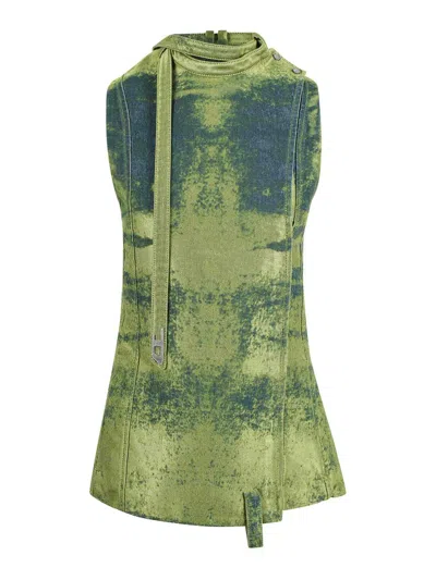 Diesel Colored Satin Denim Belted Vest In Green