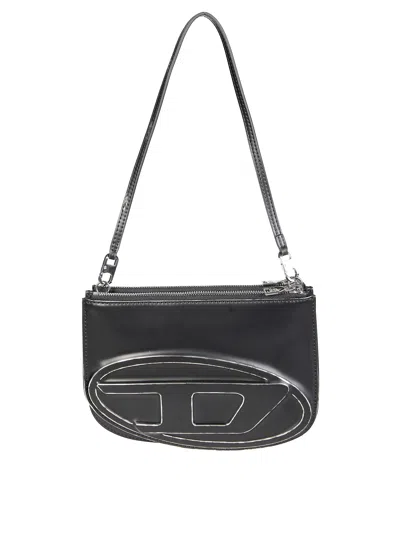 Diesel Twin-double-pouch Embossed-leather Shoulder Bag In Black