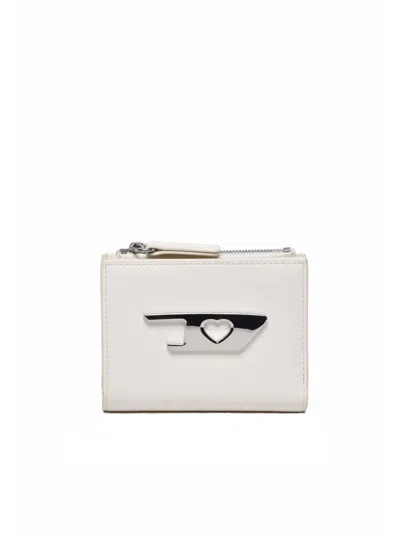 Diesel Compact White Leather Wallet With Zippered Compartment And Metallic Emblem