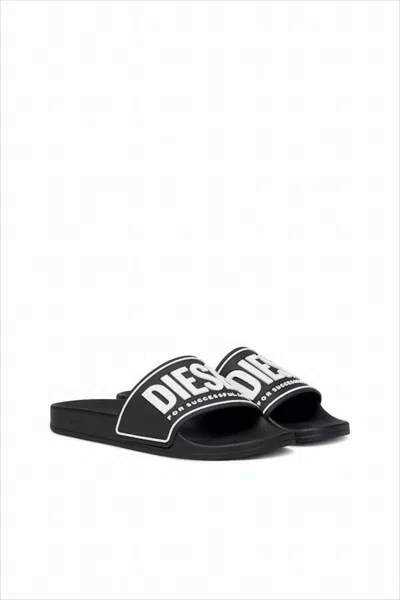 Diesel Contoured Black Slide Sandals In White