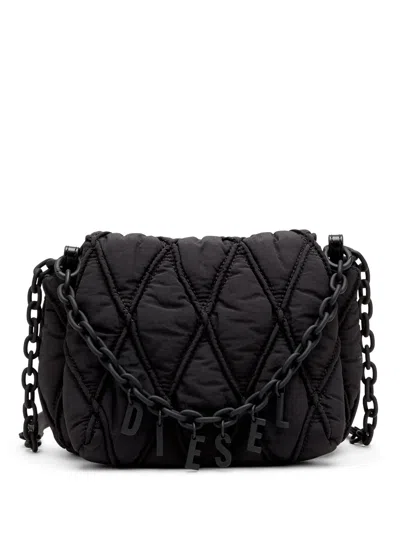 Diesel Convertible Nylon Bag With Removable Padded Handle, Chain Charm & Magnetic Flap In Nero
