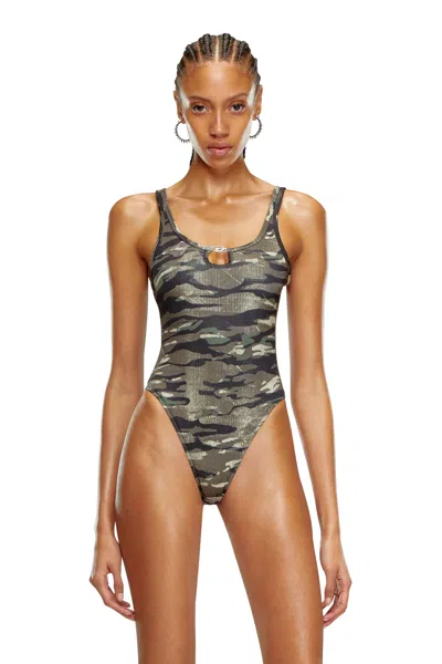 Diesel Ribbed Swimsuit With Camo Print In Green