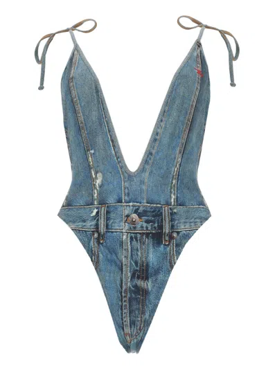 Diesel Black Effetto Denim Polyester-blend High-cut One-piece Swimsuit In Blue