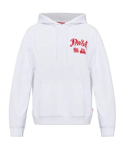 Diesel Cotton Hoodie With Flocked Graphics In White