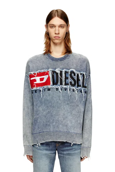 Diesel Cotton Jumper With Denim Logo Patch In Blue