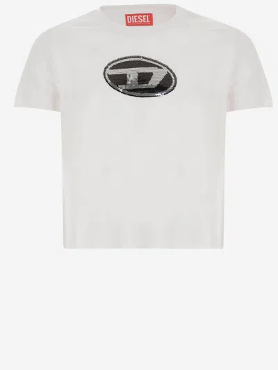 Diesel Kids' Cotton T-shirt With Sequin Logo In White