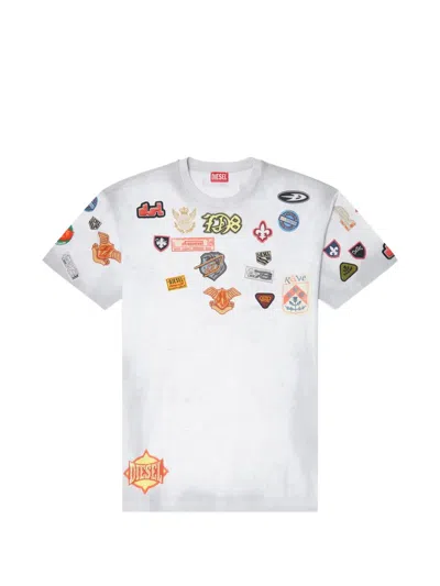 Diesel Cotton T-shirt With All-over Patches Print In White