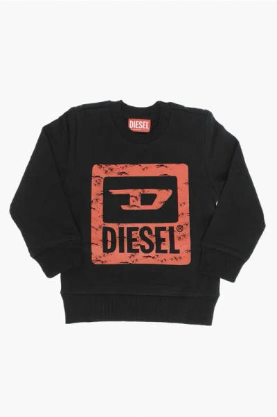 Diesel Crew-neck Cotton Sweatshirt With Frontal Print In Black