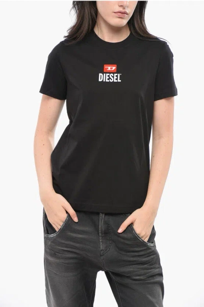 Diesel Crew Neck Cotton T-shirt With Flocked Logo Grösse Xl In Black