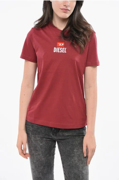 Diesel Crew Neck Cotton T-shirt With Flocked Logo Grösse L In Red