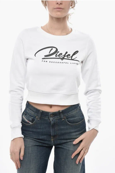 Diesel Crew Neck Cropped Sweatshirt F-slimmy With Contrasting Logo In White