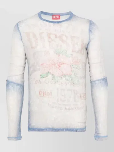 Diesel Crew Neck Long Sleeve Sheer Graphic T Shirt In White