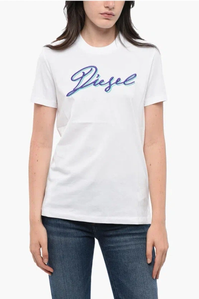 Diesel Crew Neck Sily Cotton T-shirt With Embroidered Logo Grösse Xl In White
