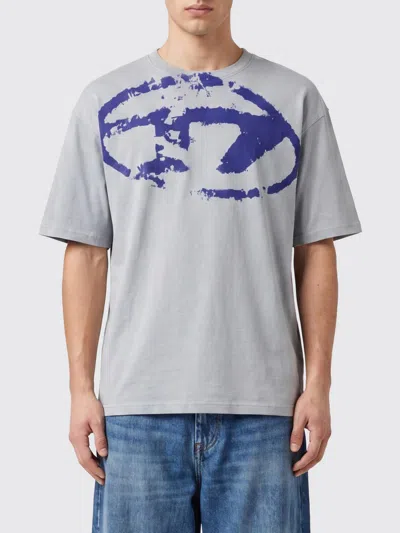 Diesel Crewneck Cotton T-shirt With Dust-effect Oval D Logo In Gray