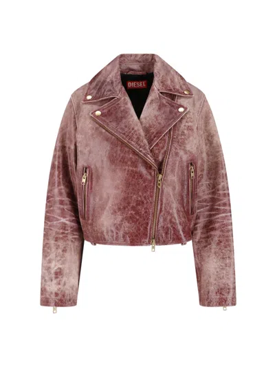 Diesel Cropped Biker Jacket In Cracked Calf Leather In Pink