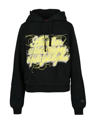Diesel Cropped Black Hooded Sweatshirt With Artistic Graphic Design