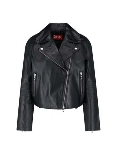 Diesel Cropped Black Leather Jacket With Asymmetrical Front