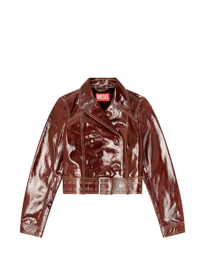 Diesel Cropped Brown Patent Leather Jacket With Double-breasted Front In Burgundy