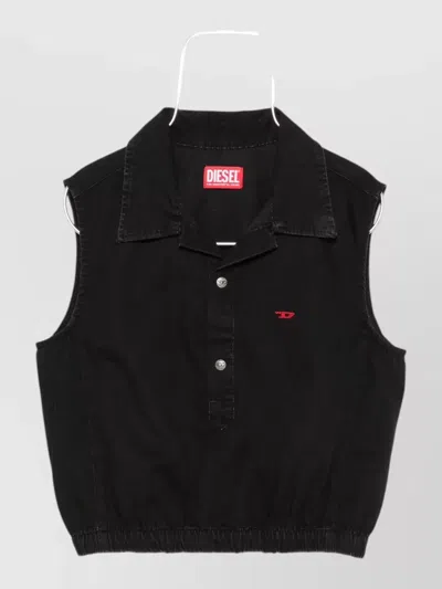Diesel Mini Logo Embroidered Chest Shirt Collar Button-up Cotton Top In Black