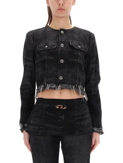 Diesel Cropped Frayed Hem Denim Jacket In Black