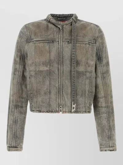 Diesel Cropped Jacket Long Sleeves Stand Collar Distressed In Gray