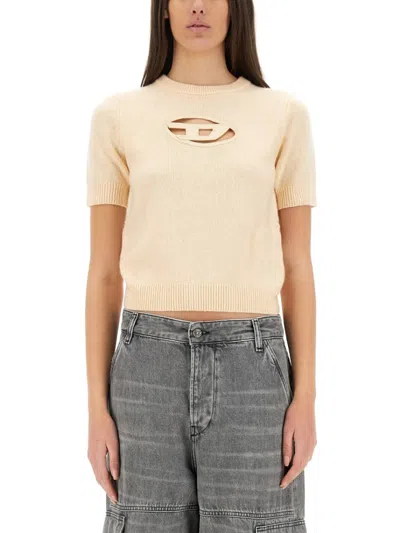Diesel Cropped Jersey With Cut-out Logo Detailing In Beige