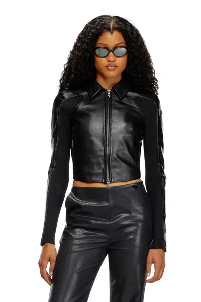 Diesel Cropped Leather Jacket With Knit Inserts In Tobedefined