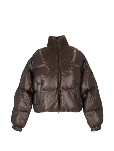 Diesel Cropped Puffer Coat With Ribbed Knit Collar In Brown