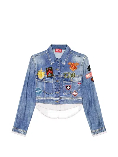 Diesel Cropped Satin Shirt With Trompe-l'oeil Denim Print In Blue