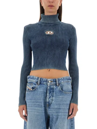 Diesel Cropped Slim-fit Top With Ribbed Texture In Blue