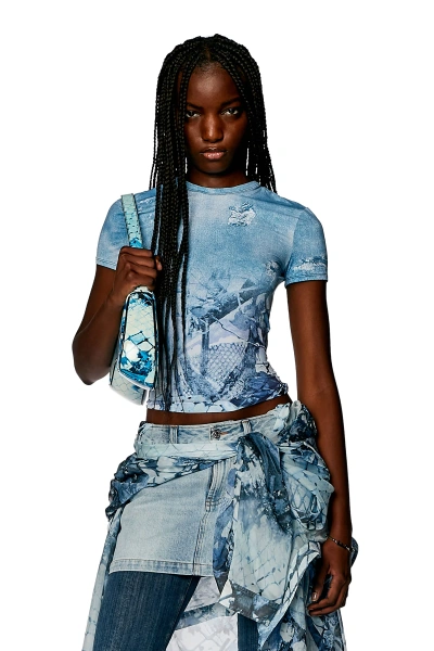 Diesel Cropped T-shirt With Abstract Print In Blue