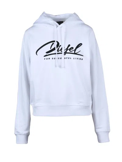 Diesel Cropped White Hooded Sweatshirt With Bold Logo And Ribbed Cuffs