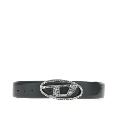 Diesel Crystal-embellished 'oval D' Leather Belt In Black