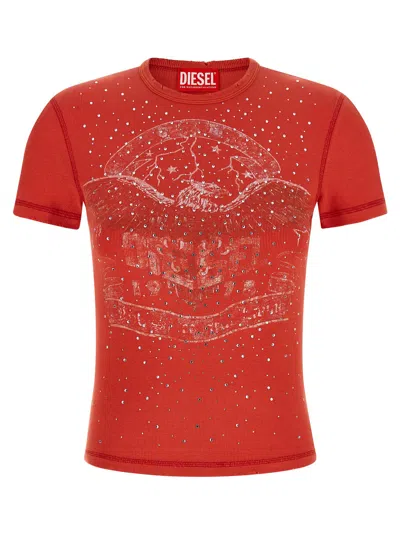 Diesel Ribbed Crystal-embellished Graphic Cotton T-shirt In Red