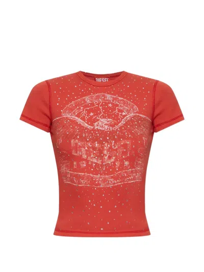 Diesel Crystal-embellished Graphic-print T-shirt In 레드