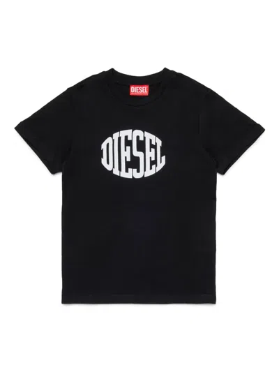 Diesel Kids' Curved Logo-print T-shirt In Black