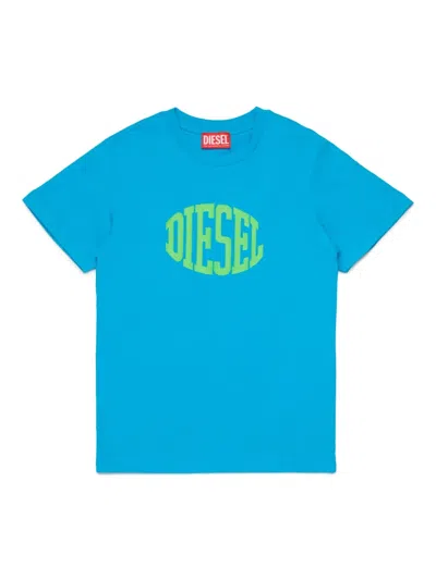 Diesel Kids' Curved Logo-print T-shirt In Blue