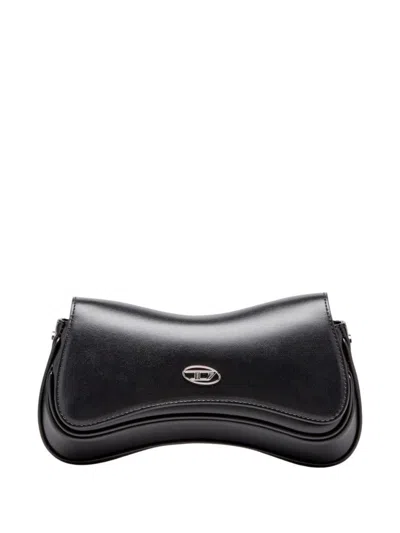 Diesel Curved Silhouette Shoulder Bag With Adjustable Strap And Metallic Logo In Black