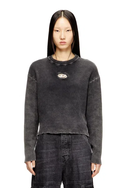 Diesel Cut-out Ribbed Jumper With Oval D Plaque In Gray