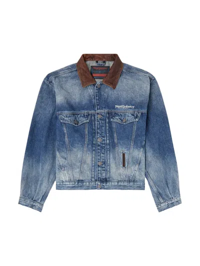 Diesel Denim Trucker Jacket With Contrast Leather Trims In Blue