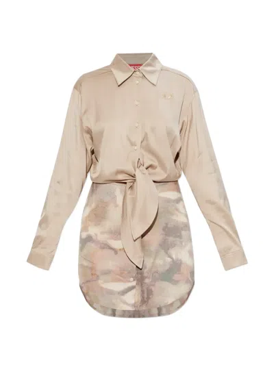 Diesel D-elta-mini Tie-front Printed Mini Dress In Brown