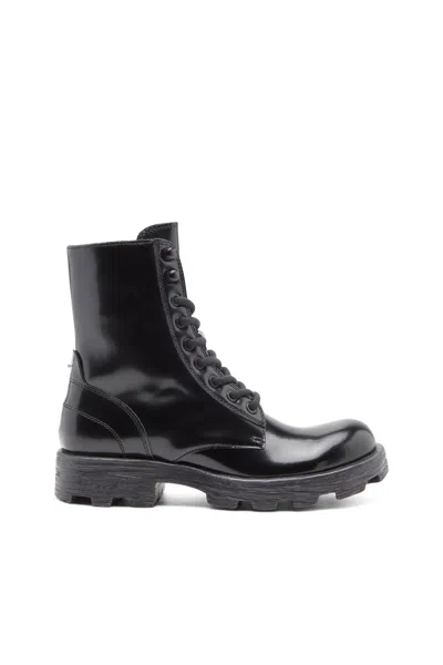 Diesel D-hammer-combat Boots In Glossed Leather In Nero