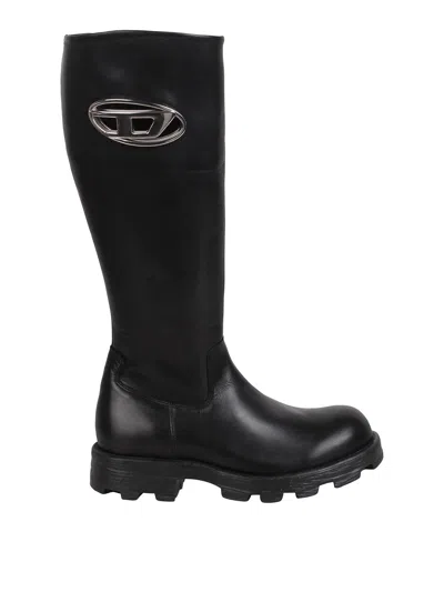 Diesel D-hammer Leather Knee High Boots In Black